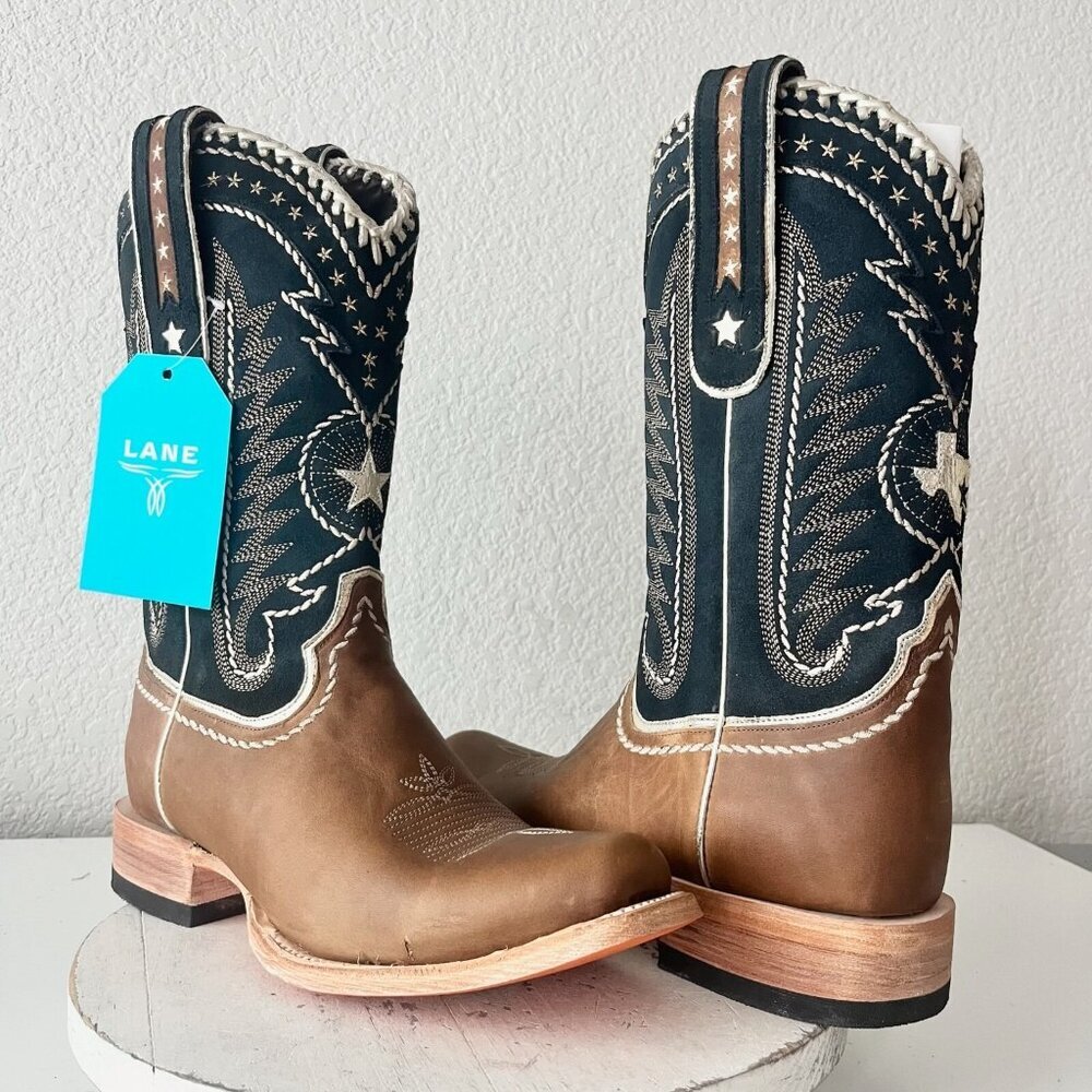 Lane Rodeo Houston Mens Cowboy Boots Brown Navy Square Toe 12.5" Size 10.5